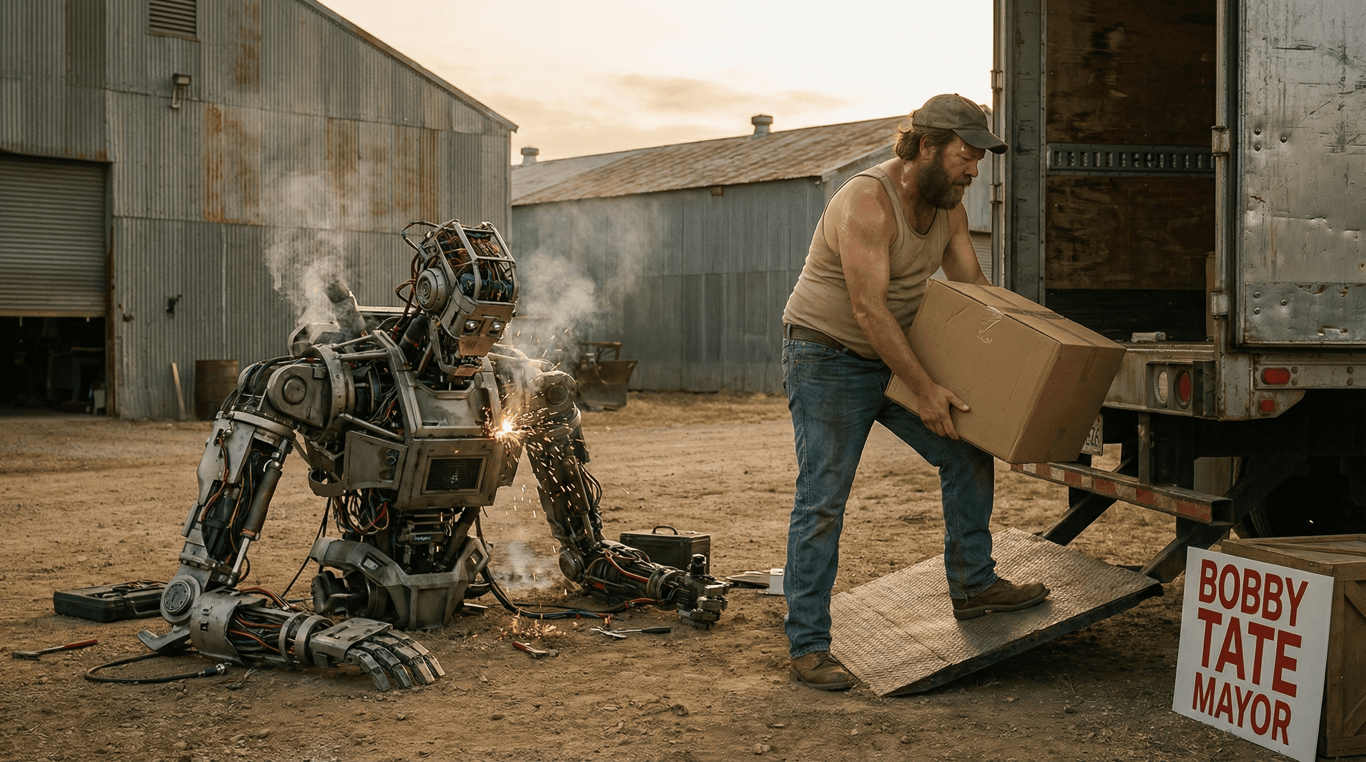 Bobby working while a robot fails beside him
